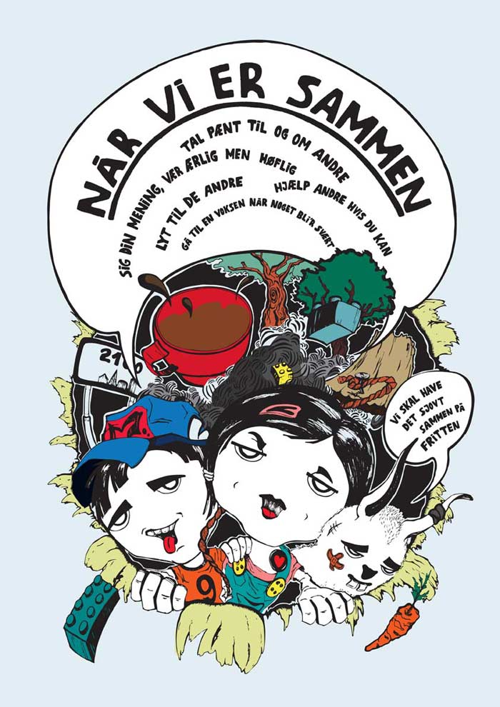 Tegneserie tegner og professionel illustrator tegner tegneserie plakat til fritidshjemmet Børnevænget på Østerbro i København