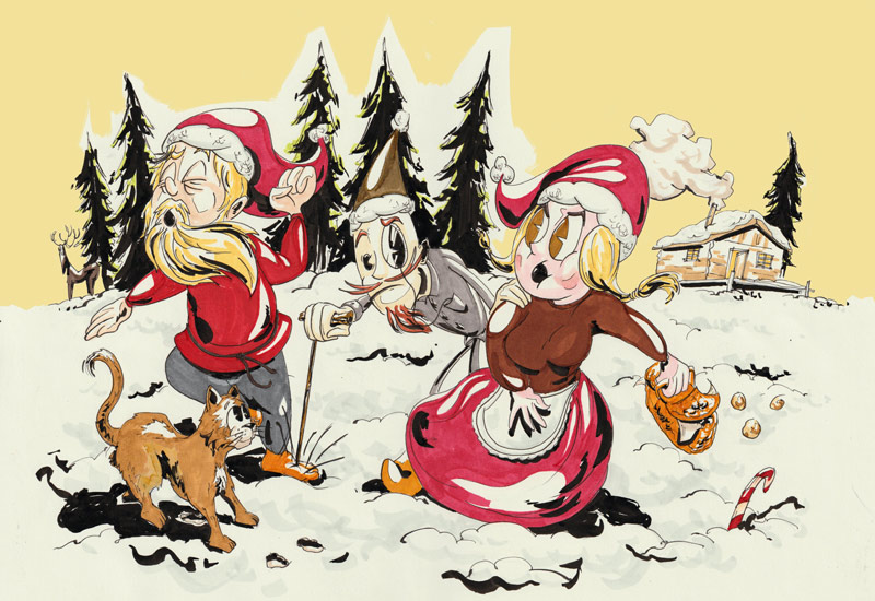 Tegning af nisser til børnebog med juleeventyr - Karl og Pelles magiske julerejse