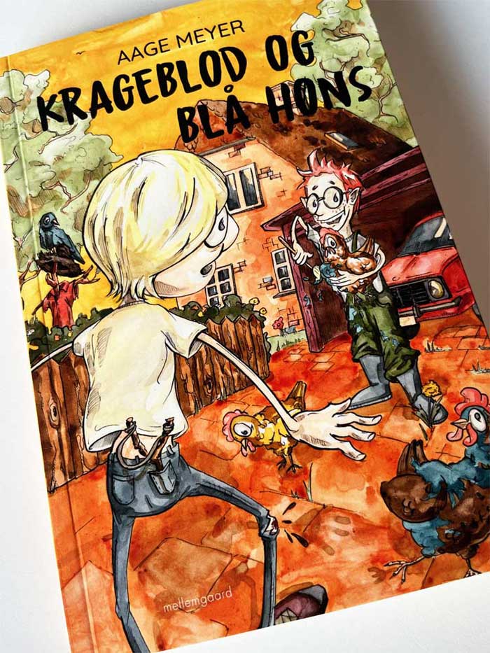 Billede af forsiden til bogen Krageblod og Blå Høns tegnet af professionel tegner og illustrator Jakob i