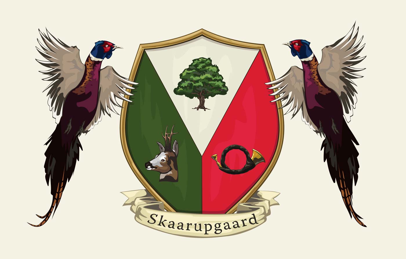 Logo tegnet til Skaarupgaard gods af professionel tegner med motiv af fasaner og jagtsymboler
